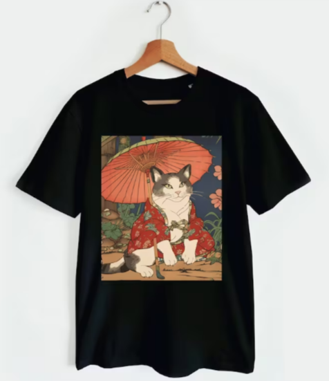 Adorable Geisha Cat With Parasol T-shirt thd